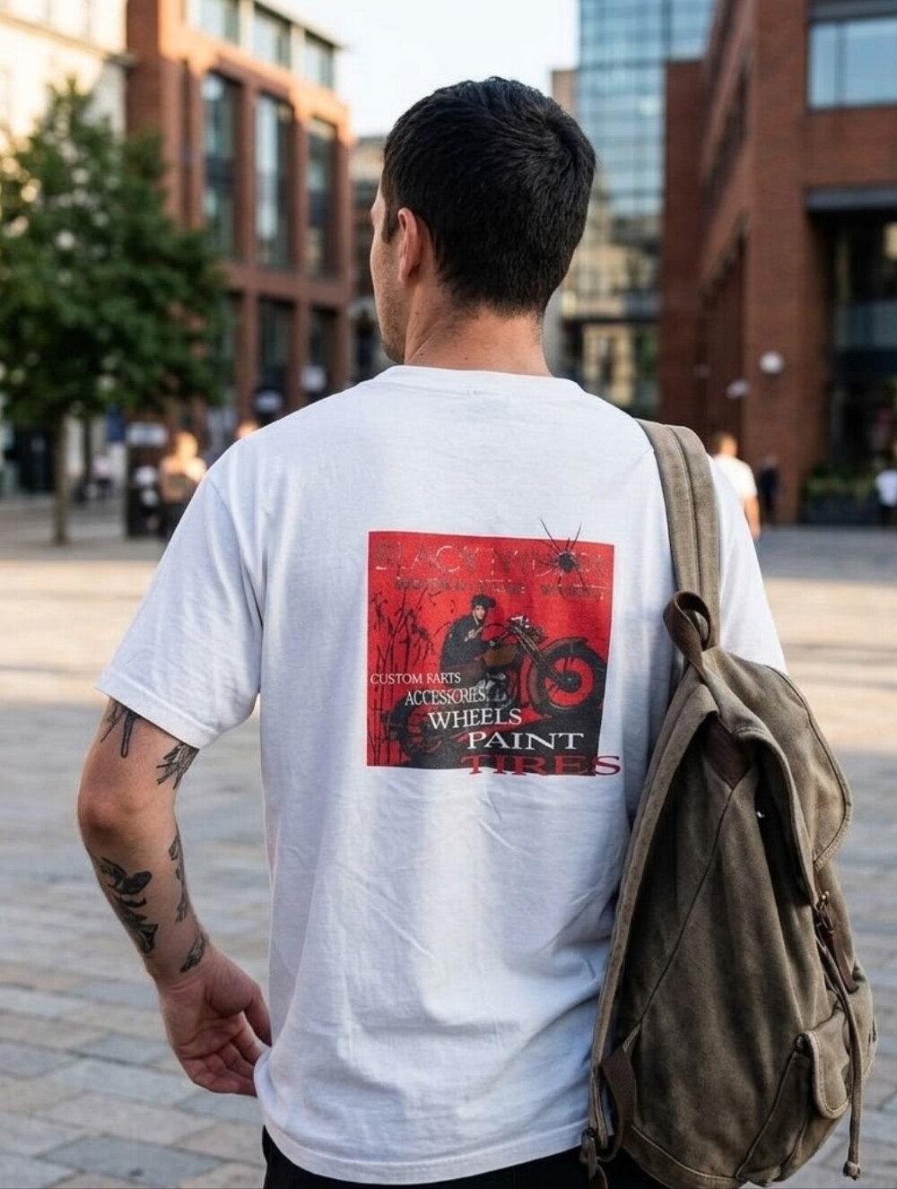 Off-White Short Sleeve T-Shirt | Black Widow Motorcycle Works Graphic | Men’s L